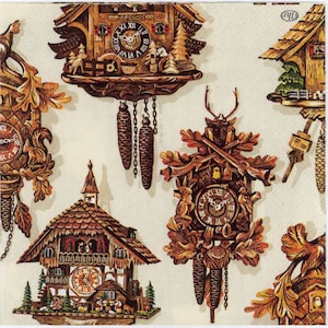 4 Decoupage Napkins | Vintage Cuckoo Clocks on Cream | Clock Napkins | Cuckoo Clock Napkins | Vintage Napkins | Paper Napkins for Decoupage