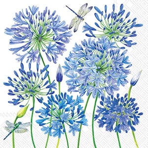Agapanthus and Dragonfly Decoupage Napkins: Botanical Paper Napkins (Set of 4)