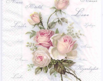 4 Decoupage Paper Dinner Napkins | Pink Roses of Amour | Rose Napkins | Romantic Napkins | Paper Napkins for Wedding Table | Dinner