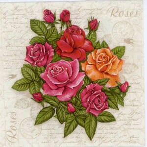 4 servilletas para decoupage / Rosas rojas, rosas y naranjas / Servilletas de rosas / Servilletas florales / Servilletas románticas / Servilletas de verano / Servilletas de papel para decoupage