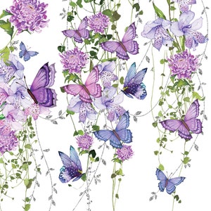 4 Servietten mit Decoupage-Motiv: Lila Schmetterlinge mit Blumen, Lunchgröße (letztes Set mit 4 Stück)