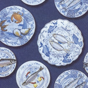 Decoupage servetten | Zeevruchten op het porseleinen bord Servetten | Servetten met blauw patroon | Papieren servetten voor decoupage