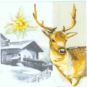 4 Decoupage Napkins |  Deer in Winter Snow Cabin Edelweiss | Wildlife Napkins | Winter Napkins | Deer Napkins|Paper Napkins for Decoupage