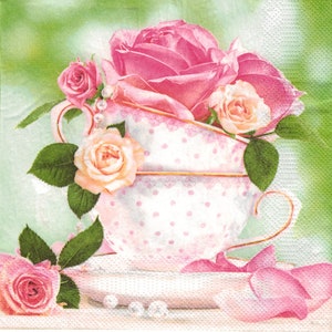 4 serviettes de table | Tasse à thé fleurie | Tasses à thé en papier pour découpage | Serviette en papier décorative