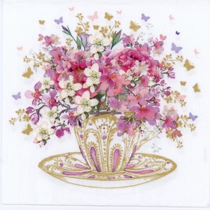 4 tovaglioli per decoupage / Fiori rosa nella tazza da tè / Tovaglioli con fiori rosa nella tazza / Tovaglioli di carta per decoupage / 4 tovaglioli da pranzo
