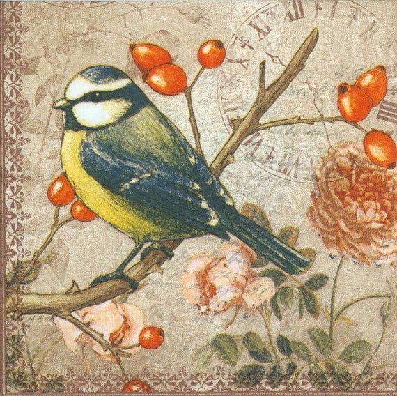 4 tovaglioli per decoupage / Uccello su un ramo / Tovaglioli di uccelli /  Cinciarella / Tovaglioli primaverili / Tovaglioli di fauna selvatica /  Tovaglioli di carta per decoupage -  Italia