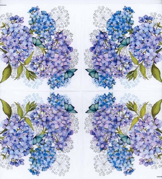 3x Single Paper Napkins Decoupage Blue Purple Hydrangea Flowers Butterflies M330 