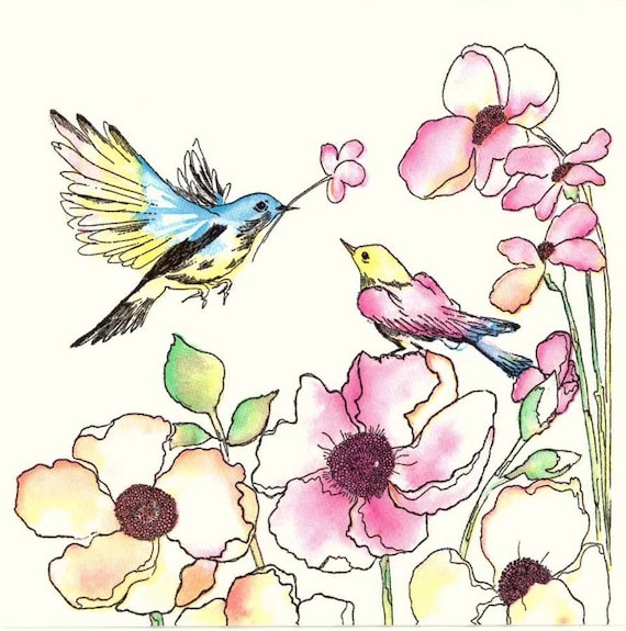 Watercolor Love Birds Napkins: Floral Garden Decoupage (Set of 4)
