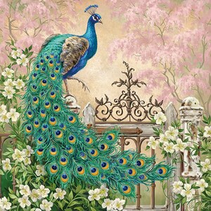 May include: A peacock with its tail feathers spread out in a fan shape, standing on a white fence with a wrought iron gate. The peacock is blue and green with a gold crown on its head. The background is a pink and white floral design.