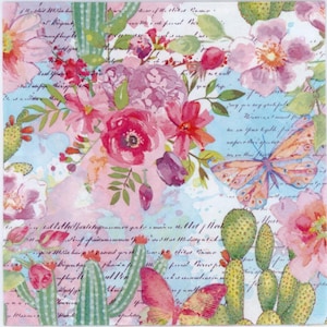 4 Decoupage Napkins | Butterfly in the Cactus and Rose garden| Luncheon Napkins | flower Napkins | Paper Napkins for Decoupage