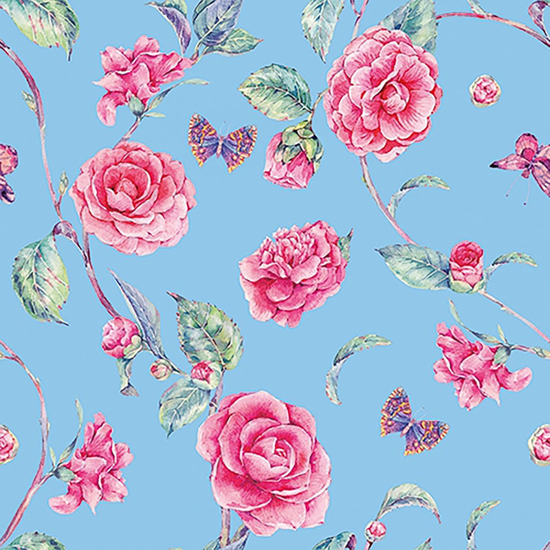Decoupage Paper Napkins Pink Roses With Butterflies on Blue Rose