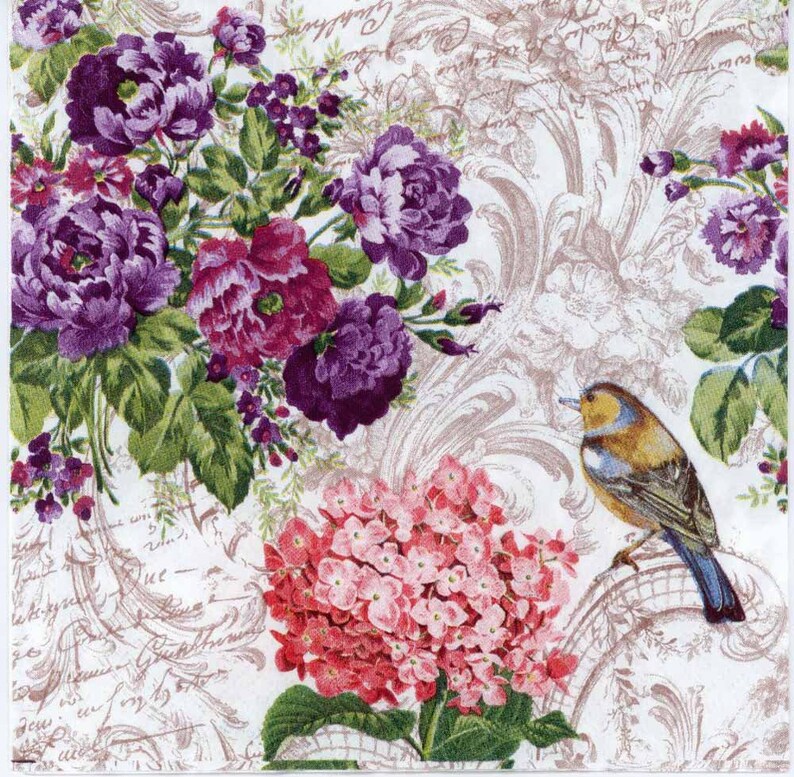 4 Decoupage Napkins Robin and Roses Robin Napkins Floral Etsy