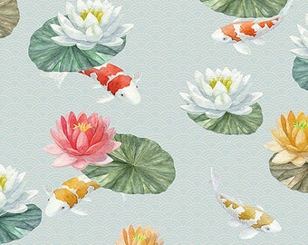 May include: A seamless pattern featuring white, pink, and orange water lilies with green lily pads and orange, red, and white koi fish swimming in a blue and white wavy background.