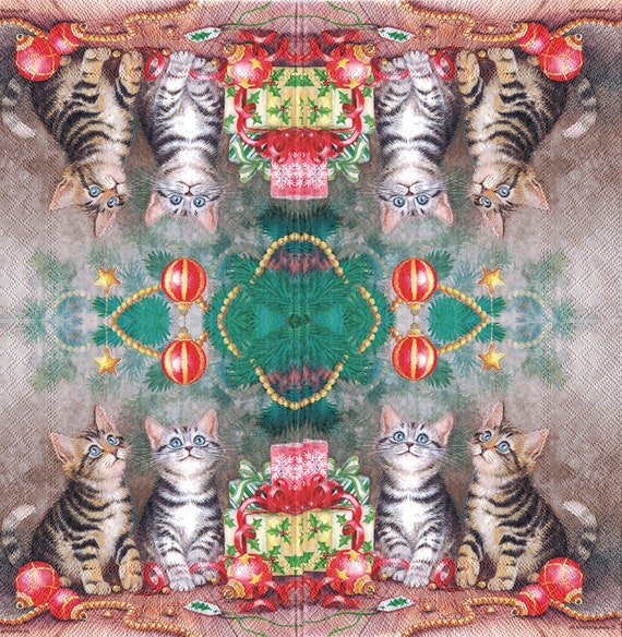 4 Single Table Paper Napkins for Decoupage Dressed Kitten Christmas 4 Single Table Paper Napkins for Decoupage Dressed Kitten Christmas