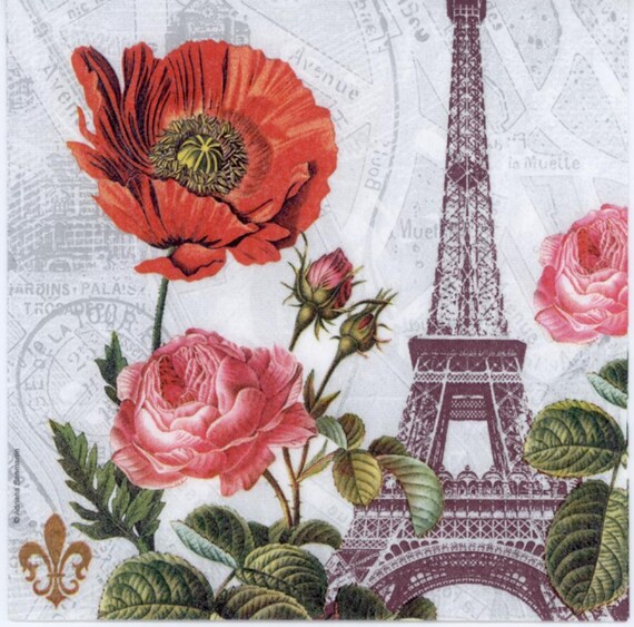 Set of 2 Decoupage Napkins Paris Eiffel tower love couple valentine red