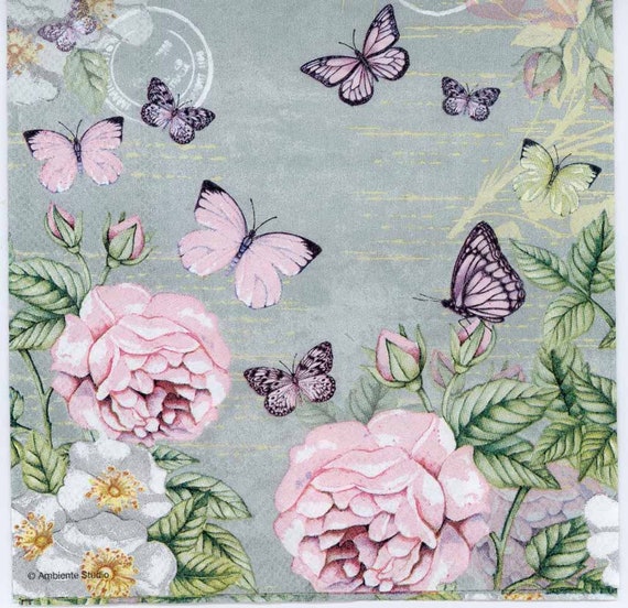 4 X Solo Papel Servilletas//3 capas//decoupage//artesanía//Rosa Mariposas