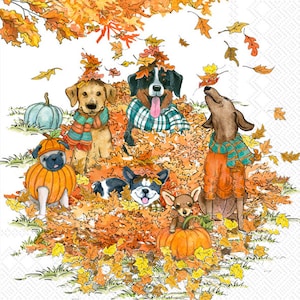 Autumn Dogs Decoupage Napkins: Fall Leaves Paper Napkins (Set of 4)