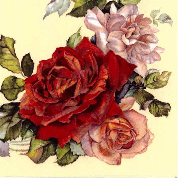 4 serviettes en papier pour découpage | Guirlande de roses rouges et roses |Serviettes roses |Serviettes à fleurs |Serviettes couronne| Serviettes en papier pour découpage