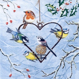 Guardanapos de papel para decoupage | Pássaros no cabide em formato de coração | Guardanapos de pássaros de inverno em formato de brincadeira | 4 guardanapos de papel para decoupage