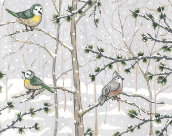 4 decoupage-servetter med vinterfåglar i snöparadiset