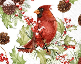 4 Decoupage paper napkins | Christmas Cardinal in holly | Bird Napkins | Christmas Napkins | Paper Napkins for Decoupage