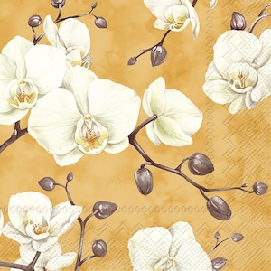 4 servilletas de papel para decoupage / Orquídea sobre fondo naranja / Servilletas para almuerzo / Servilletas de papel para decoupage