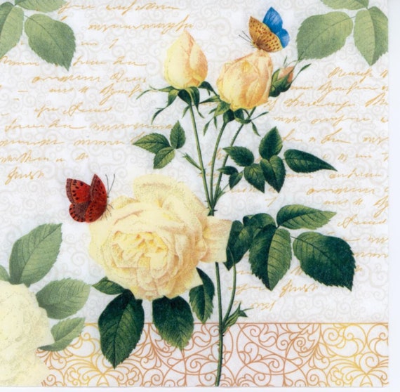 Papel decoupage de Rosa Amarilla sobre letras con mariposas / Servilletas  de fiesta / Servilletas de papel para Decoupage