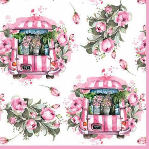 4 tovaglioli decoupage / tovaglioli camion rose rosa / tovaglioli romantici  / tovaglioli di carta per decoupage -  Italia