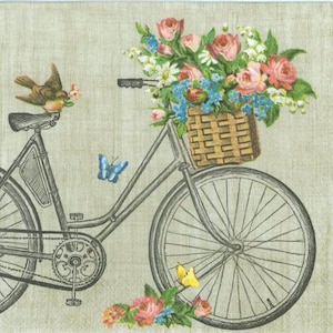4 serviettes de table | Fleurs et papillons Robin de bicyclette | Serviettes de vélo | Serviettes fantaisistes | Serviettes en papier pour découpage