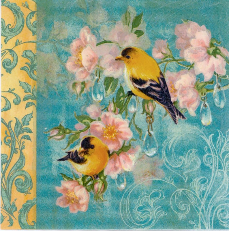 Decoupage Napkins Two yellow birds set in the Royal flower garden Birds Paper Napkins for Decoupage image 1
