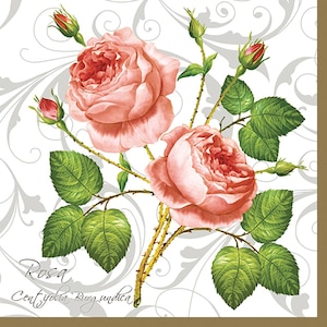 Decoupage-Servietten | Botanischer Print 2 rosa Rosen_weiß | Rose Servietten | Blumen-Servietten | Rosa Servietten | Papierservietten für Decoupage