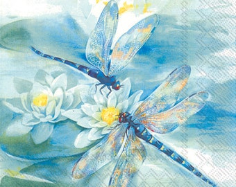 Water Lilies and Dragonflies Paper Napkins for Decoupage (Set of 4)