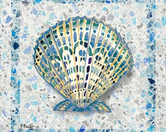 Blue Seashell Decoupage Napkins: Beach Party Paper Napkins (Set of 4)