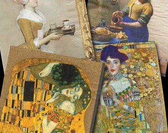 4 serviettes de découpage | Serviettes Art Klimt Vermeer Liotard | Laitière | femme en or | Adèle Bloch-Bauer | Serviettes en papier pour le découpage