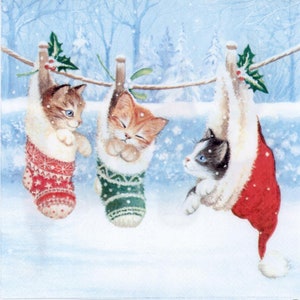 Christmas Cat Napkins: Kitten in Stockings, Holiday Decoupage (Set of 4)
