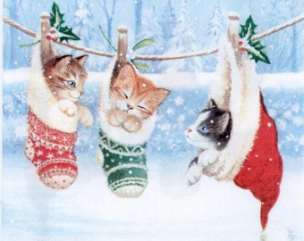 4 Decoupage napkins | 3 Cats hanging for Christmas Napkins | Kitten Napkins | Animal Napkins | Christmas Paper Napkins for Decoupage