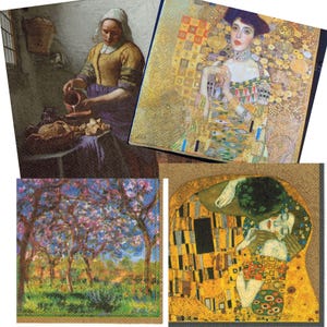 4Tovaglioli per decoupage / Tovaglioli famosi d'arte Klimt Vermeer Liotard / Lattaia / Donna in oro / Adele Bloch-Bauer / Tovaglioli di carta per decoupage