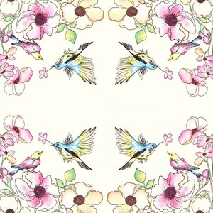 May include: A white background with a symmetrical design of pink and yellow flowers and blue and yellow birds. The birds are flying and have their beaks in the flowers.