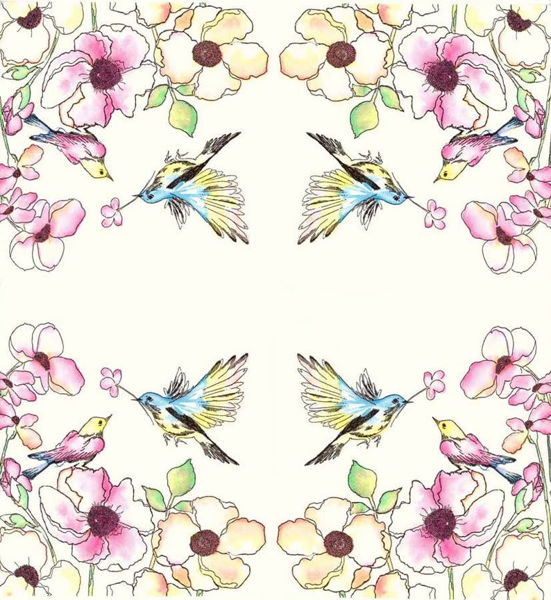 May include: A white background with a symmetrical design of pink and yellow flowers and blue and yellow birds. The birds are flying and have their beaks in the flowers.