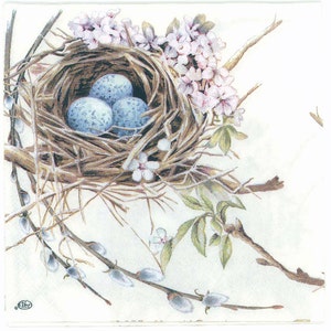 May include: A bird's nest made of twigs with three blue speckled eggs inside. The nest is surrounded by delicate white flowers and green leaves.