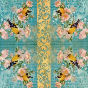 Decoupage Napkins Two yellow birds set in the Royal flower garden Birds Paper Napkins for Decoupage image 2
