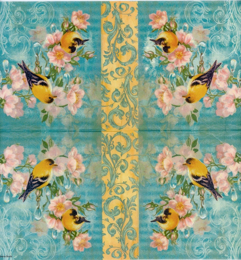 Decoupage Napkins Two yellow birds set in the Royal flower garden Birds Paper Napkins for Decoupage image 2