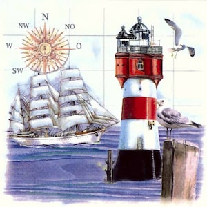 Sea Napkins: Tall Ship, Lighthouse & Seagulls - Set of 4