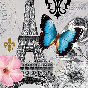 4 servilletas para decoupage / Servilletas románticas de París, Torre Eiffel y mariposa azul / Servilletas de viaje por el mundo / Servilletas de papel para decoupage