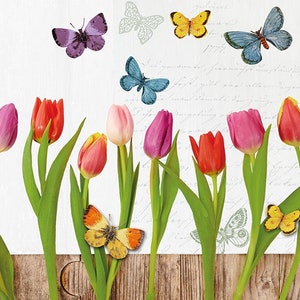 4 tovaglioli per decoupage / Deliziosi tulipani in fiore e farfalle / Tovaglioli a fiori / Tovaglioli di carta per decoupage