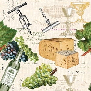 May include: A vintage-style illustration featuring wine-related elements. It includes a wine bottle, corkscrews, grapes, cheese, and wine glasses. The design incorporates handwritten script and architectural sketches, creating a classic, rustic aesthetic.