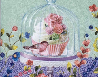 4 Decoupage Napkins | Cupcake Bird and Flowers | Bird Napkins | Floral Napkins | Party Napkins | Paper Napkins for Decoupage