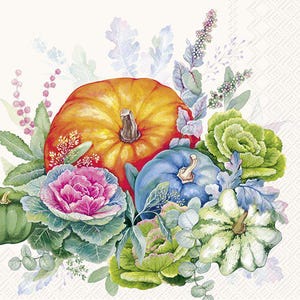 4 Decoupage-Servietten | Erntegarten Bunt auf Creme Kürbissen | Party Servietten | Papierservietten für Decoupage