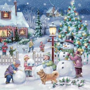 4 Decoupage paper Napkins | Christmas Village napkins |  Kids play together in winter night  Napkins