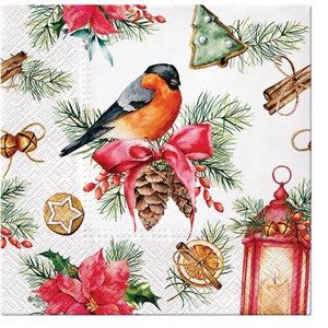 4 Decoupage-Papier-Servietten | Weihnachtlicher Glühwein & Lebkuchen zusammen | Rotkehlchen Party Servietten | Papierservietten für Decoupage